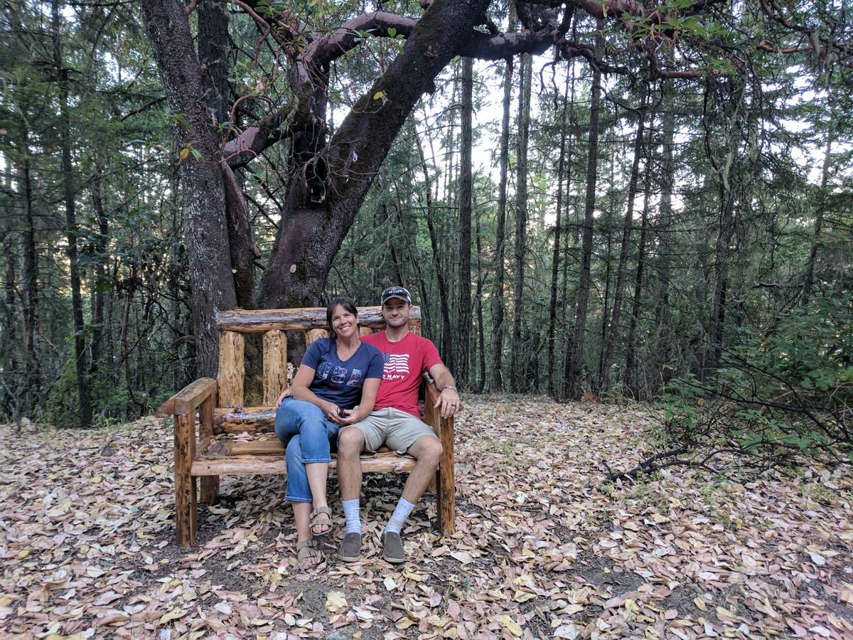 A couple sits on a log bench in a forested copse